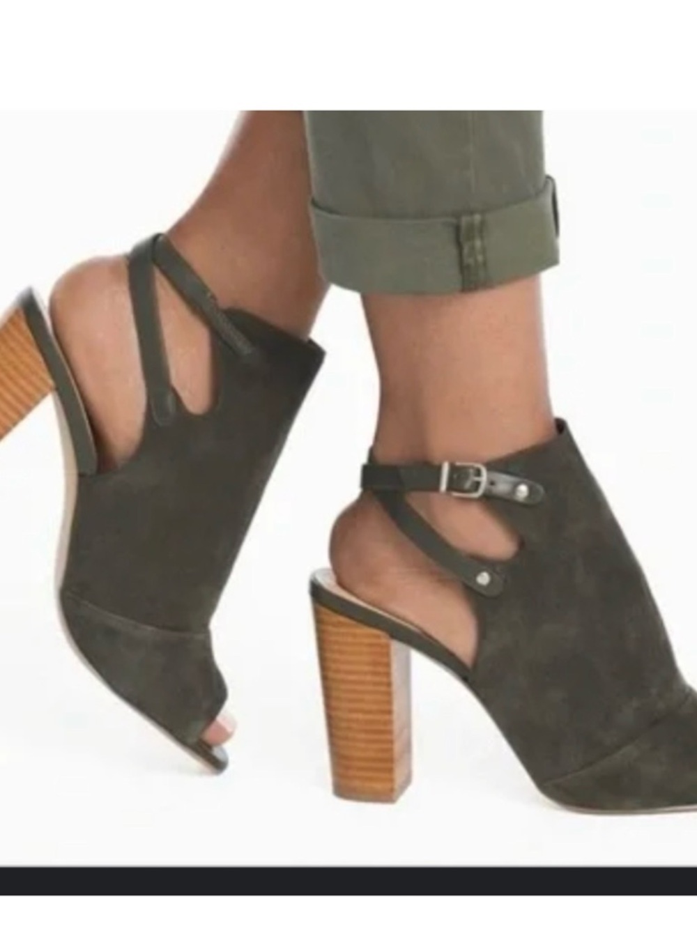 White House Black Market Olive Suede Peep-Toe Block Heel Booties - Picture 3 of 16